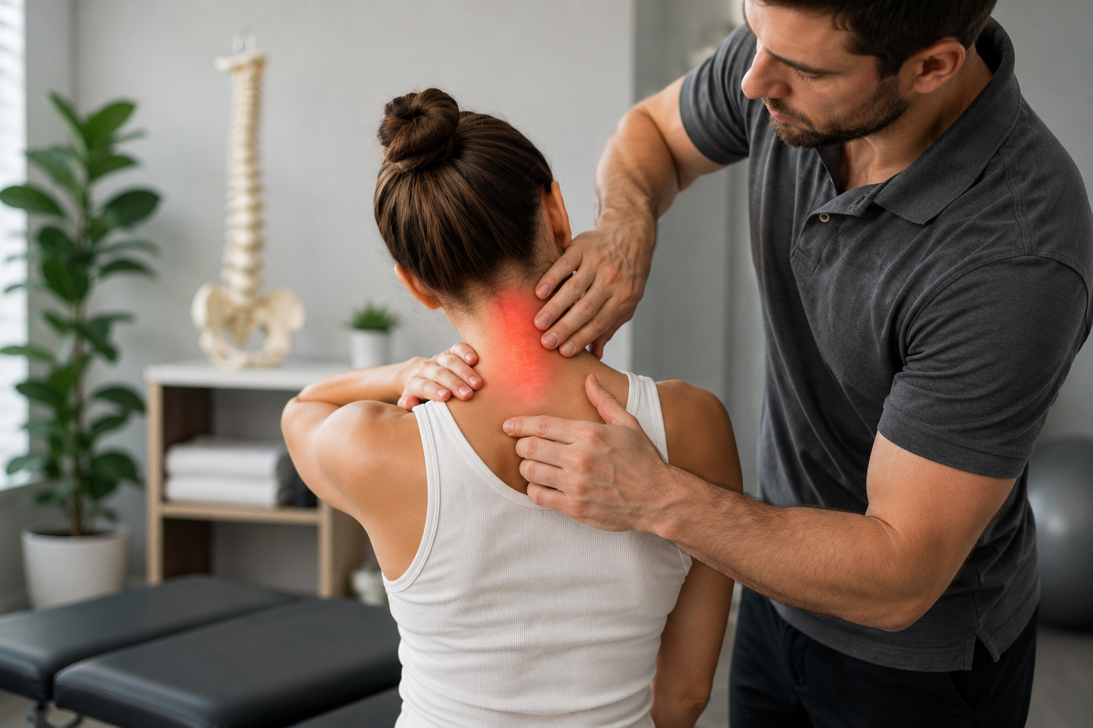 Chiropractor providing neck pain treatment to a patient in a modern rehabilitation clinic.