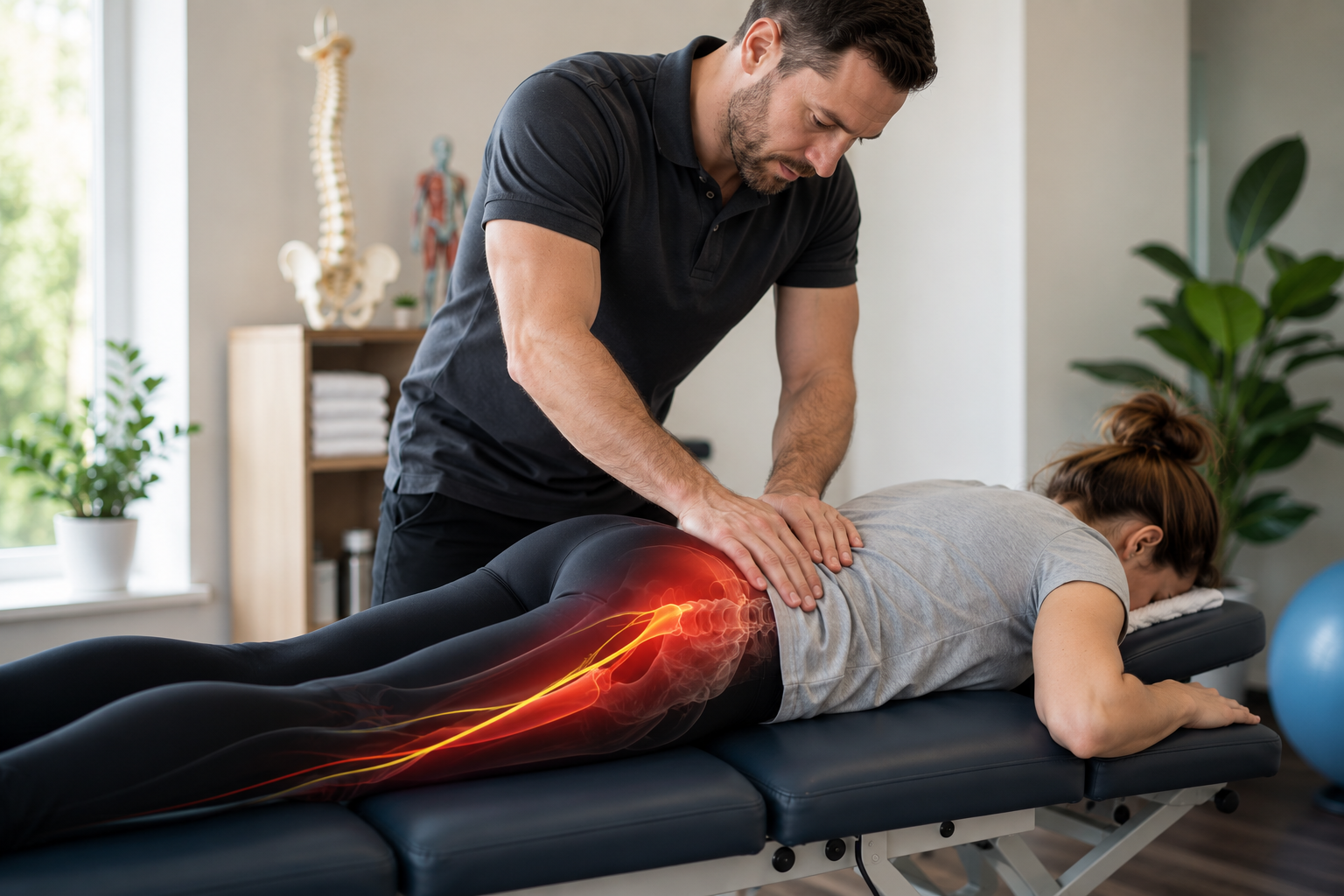 Physiotherapist providing hands-on treatment for sciatica pain in a clinical rehabilitation setting, focusing on lower back and leg discomfort.