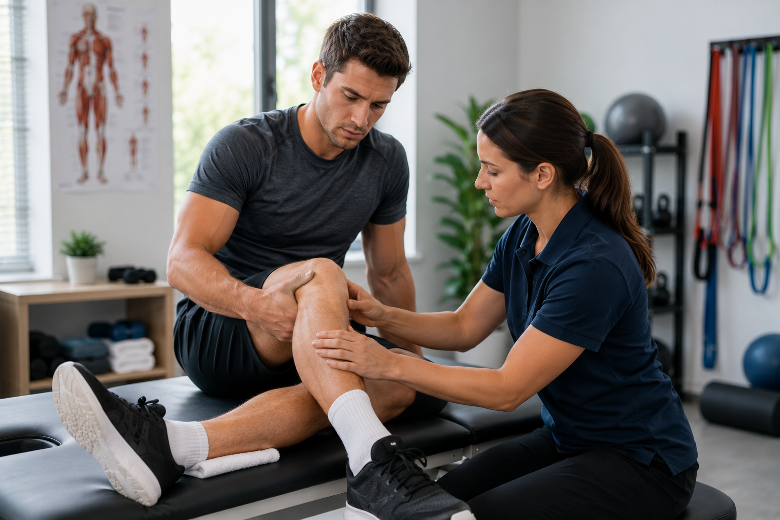 Physiotherapist assessing a knee injury in an athlete during a sports injury rehabilitation appointment.